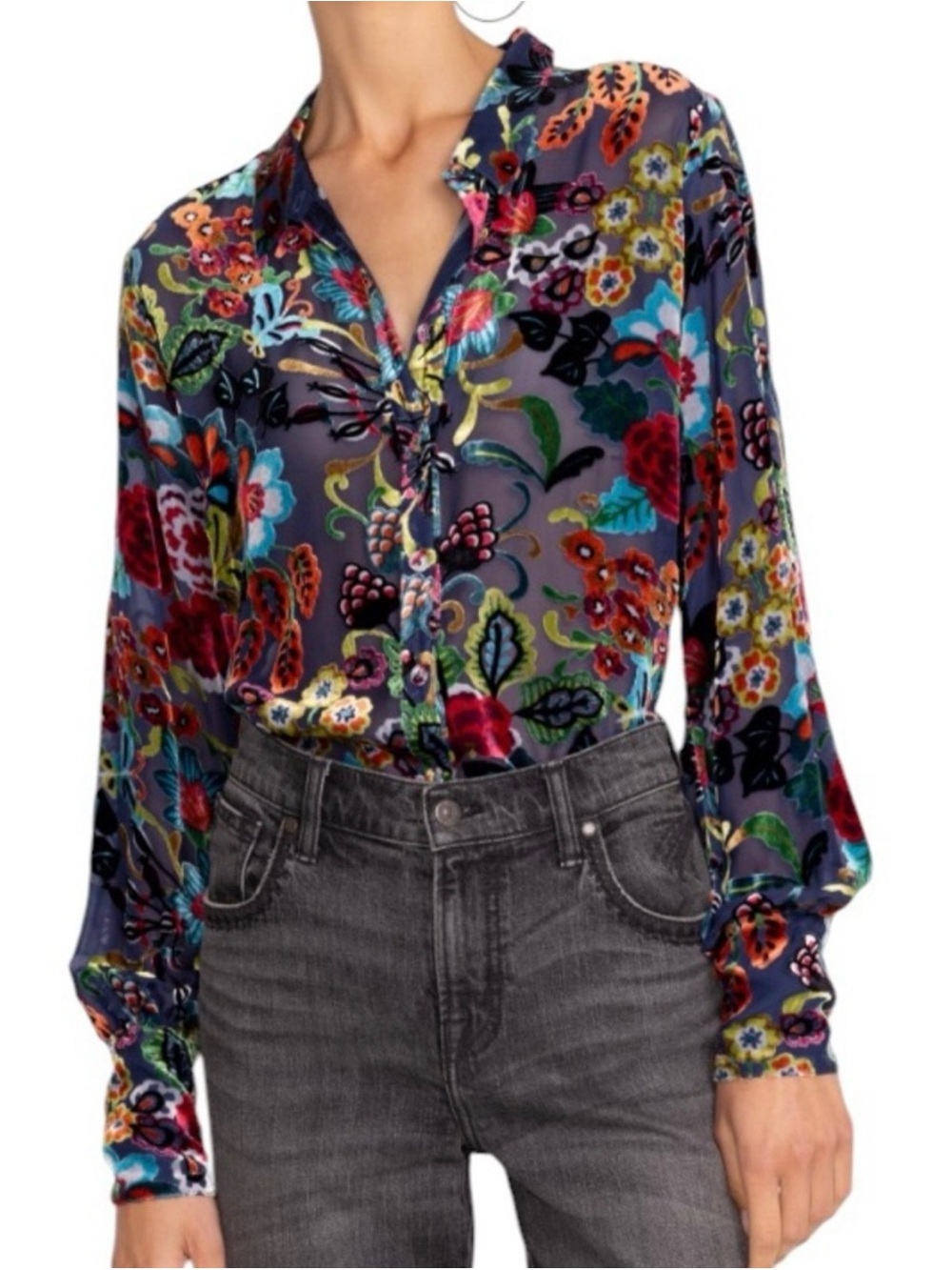 Johnny Was NWT Minto Velvet Burnout Yrene Blouse Colorful Silk Blend Size XXS - Picture 3 of 9